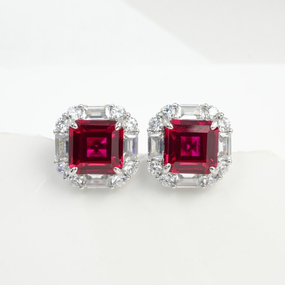 925 Silver Lab-Grown Ruby Earrings(E117R)