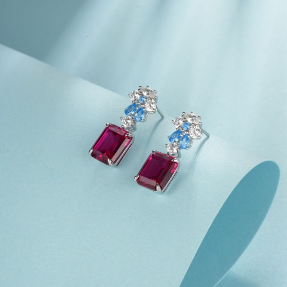 925 Silver Lab-Grown Ruby Earrings(ZHF-E1454R)