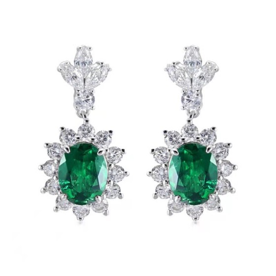 925 Silver Lab-Grown Emerald Earrings(P0052)