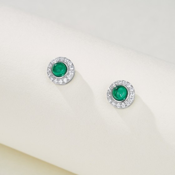 925 Silver Lab Emerald Round Cabochon Earrings（A73-E2019811)