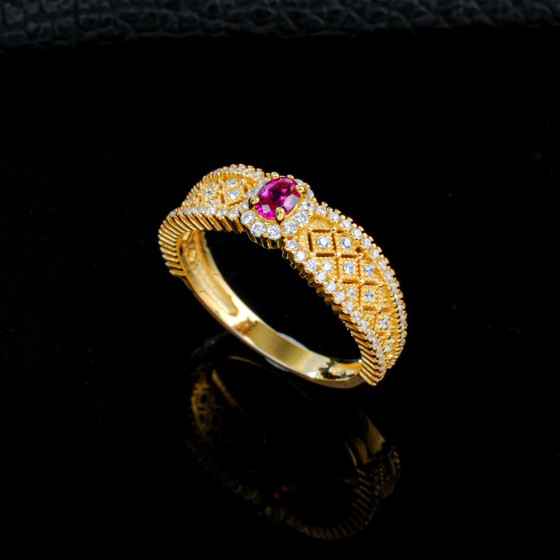 S925 Lab Ruby Ring, Yellow Gold Tone（R1029R)