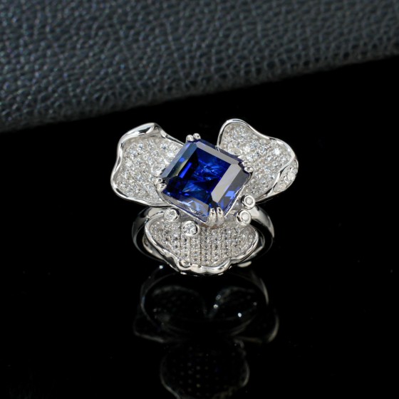 925 Silver Lab-Created Sapphire Ring(R-112DB)