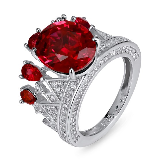 925 Silver Lab-Grown Ruby Crown Ring（CR02275R)13#15#17#