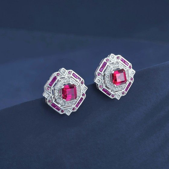 925 Silver Lab-Grown Ruby Earrings(ZHF-E1635R)