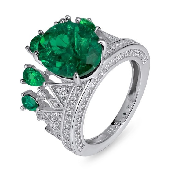 S925 Silver Lab-Grown Emerald Crown Ring（CR02275)