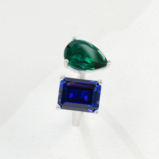 Lab-Grown Emerald & Sapphire 925 Silver Ring（R0720LB)