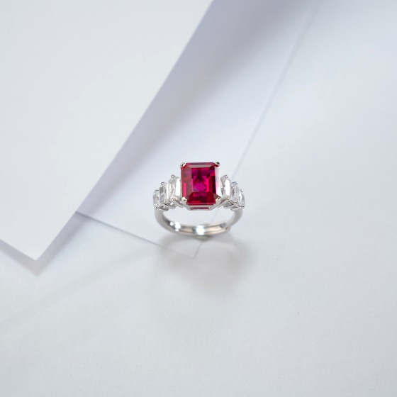 925 Silver Lab-Grown Ruby Ring（ZHF-R5004R)Adjustable Band