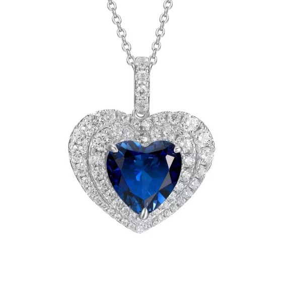 925 Silver Lab-Grown Sapphire Heart Pendant Without Chain(P0076B)