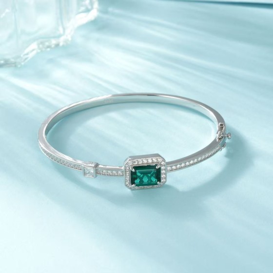 925 Silver Lab Created Emerald Bangle(YWBG0014)