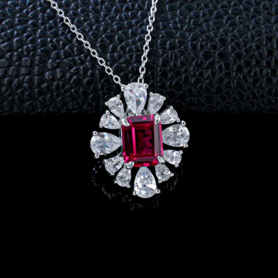 925 Sterling Silver Lab-Grown Ruby Necklace(P0626R)