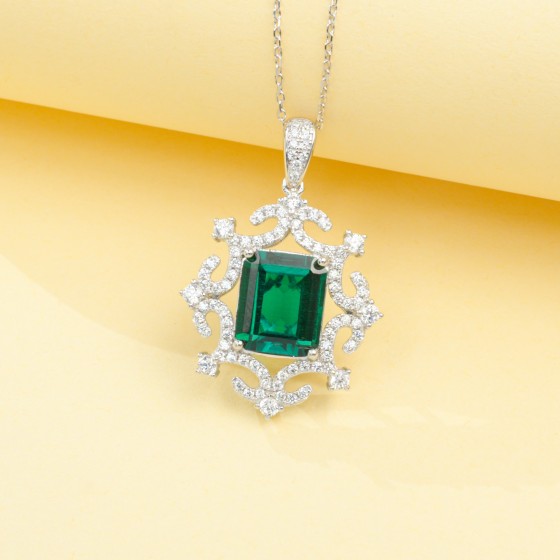 925 Sterling Silver Lab-Grown Emerald Necklace, Large Size (P20251105)