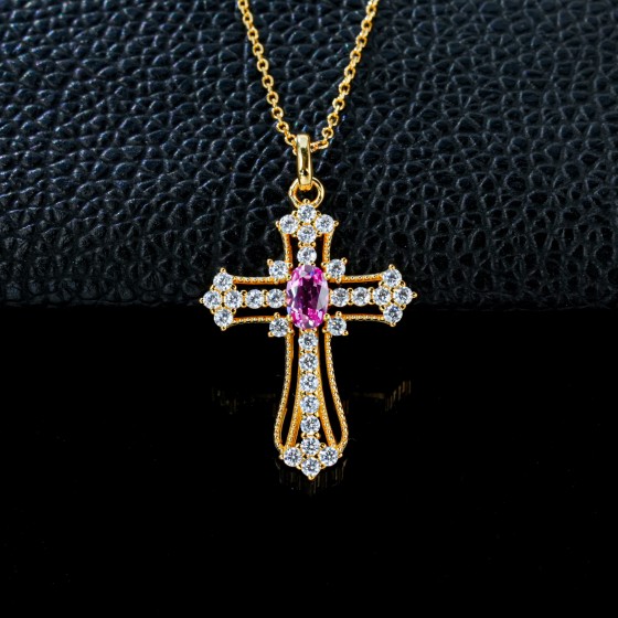 925 Sterling Silver Lab-Grown Padparadscha Sapphire Necklace, Yellow Gold Plated (P1108HR)