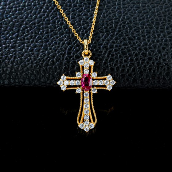 925 Sterling Silver Lab-Grown Ruby Necklace, Yellow Gold Plated (P1108R)