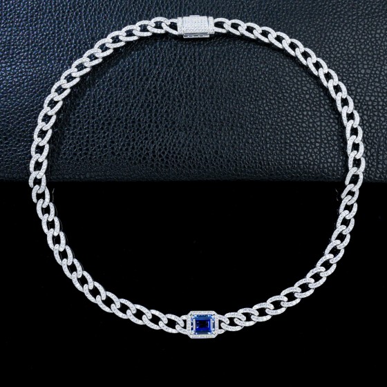 925 Sterling Silver Lab-Grown Cornflower Blue Sapphire Cuban Chain (P168YB)