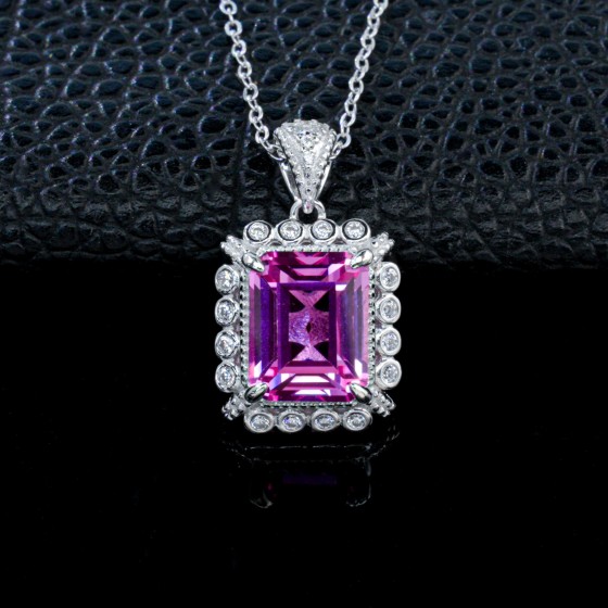 925 Sterling Silver Lab-Grown Padparadscha Sapphire Necklace(ZHF-P1629HR)