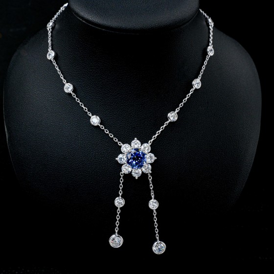 925 Sterling Silver Lab-Grown Cornflower Sapphire Necklace (P169YB)