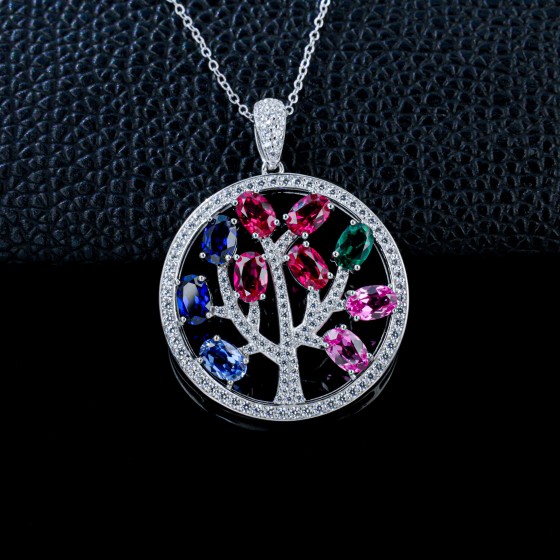 925 Sterling Silver Lab-Grown Ruby, Sapphire, Emerald & Padparadscha Sapphire Necklace (P5005)