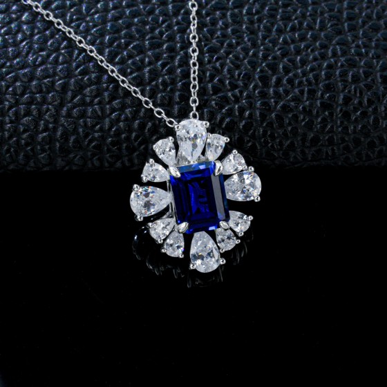 925 Sterling Silver Lab-Grown Sapphire Necklace(P0626DB)