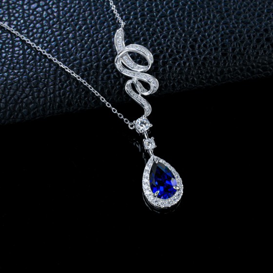 925 Sterling Silver Lab-Grown Sapphire Necklace(P0606B)