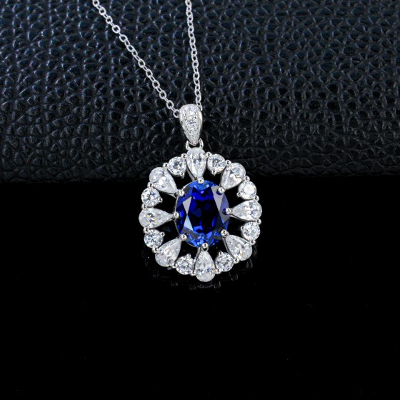 925 Sterling Silver Lab-Grown Sapphire Necklace(P1066B)