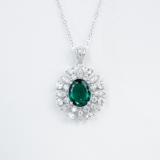 925 Sterling Silver Lab-Grown Emerald Necklace(P1065)