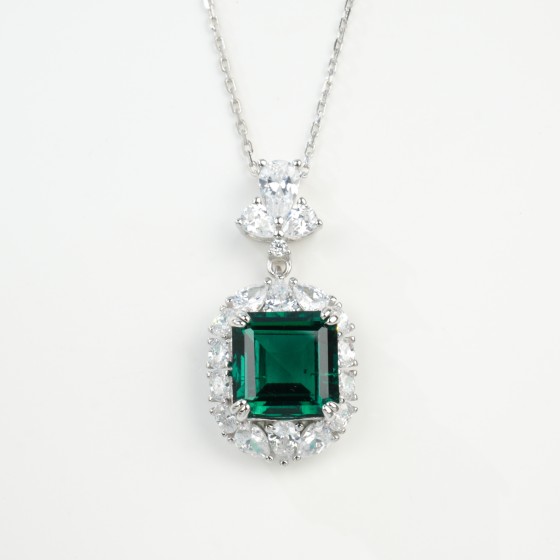 925 Sterling Silver Lab-Grown Emerald Necklace(P0889)
