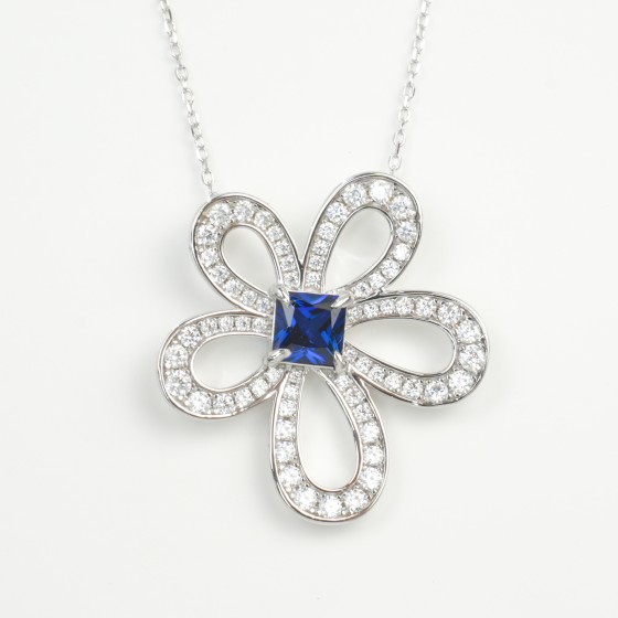 925 Sterling Silver Lab-Grown Sapphire Necklace(P0892B)