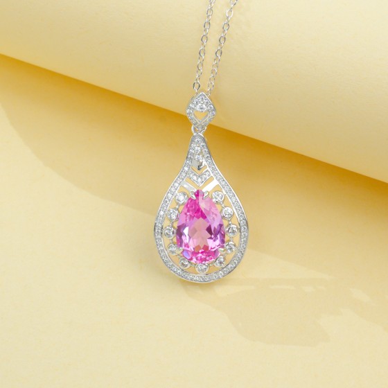 925 Sterling Silver Lab-Grown Padparadscha Sapphire Necklace(ZHF-410HR)