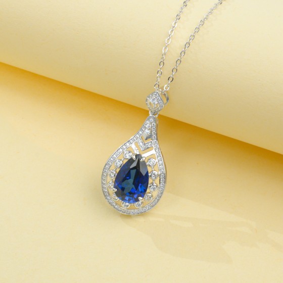 925 Sterling Silver Lab-Grown Sapphire Necklace(ZHF-410B)