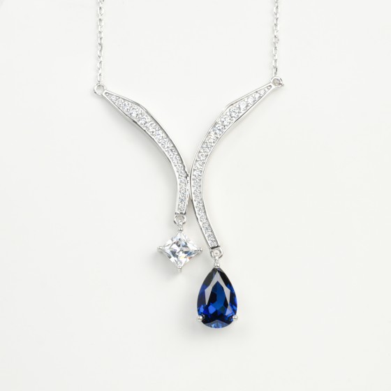 925 Sterling Silver Lab-Grown Sapphire Necklace(P0869B)