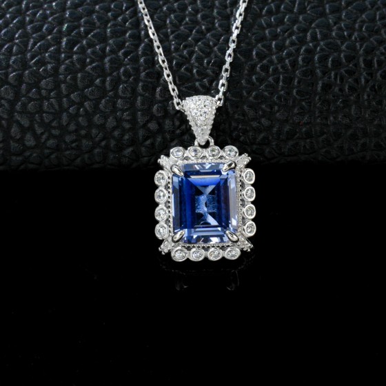 925 Sterling Silver Lab-Grown Cornflower Sapphire Necklace(ZHF-P1629 DB)
