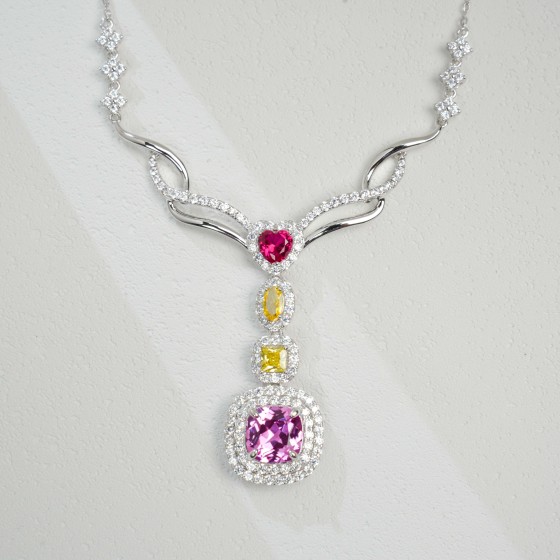 925 Sterling Silver Lab-Grown Padparadscha Sapphire Necklace(ZHF-P0864HR)