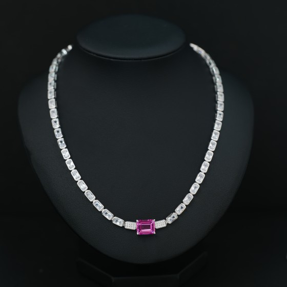 925 Sterling Silver Lab-Grown Padparadscha Sapphire Necklace(RG0013HR)