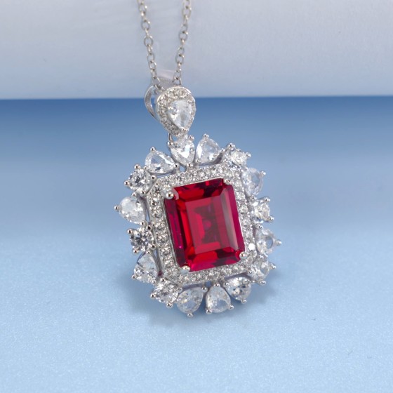 925 Sterling Silver Lab-Grown Ruby Necklace(P0357R)