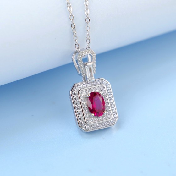 925 Sterling Silver Lab-Grown Ruby Necklace（P5003R)