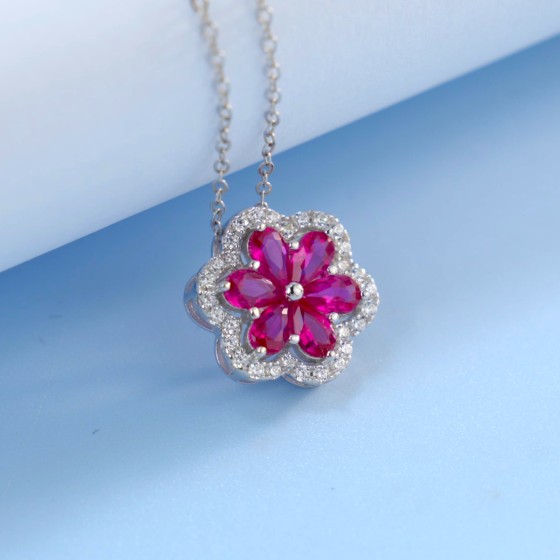 925 Sterling Silver Lab-Grown Ruby Necklace(PS004R)