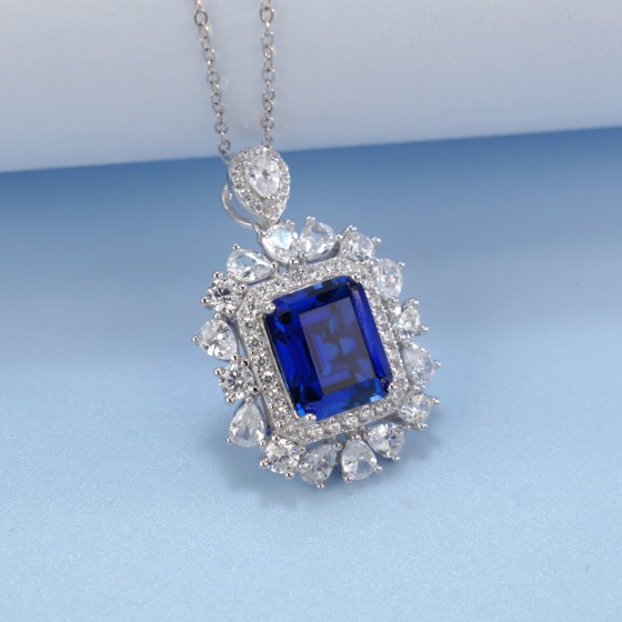 925 Sterling Silver Lab-Grown Sapphire Necklace(P0357B)