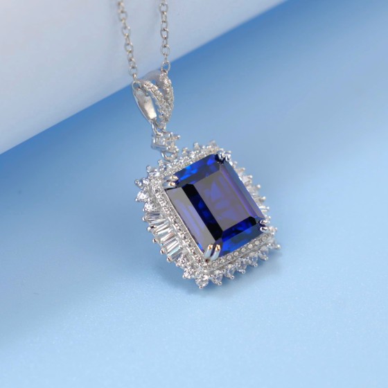 925 Sterling Silver Lab-Grown Sapphire Necklace(ZHFP0445DB)
