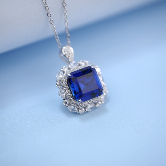 925 Sterling Silver Lab-Grown Sapphire Necklace(ZHF-P1312B)