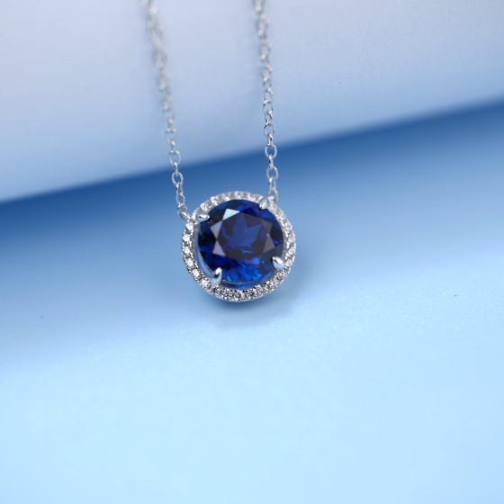 925 Sterling Silver Lab-Grown Sapphire Necklace(ZHF-XYPO7B)