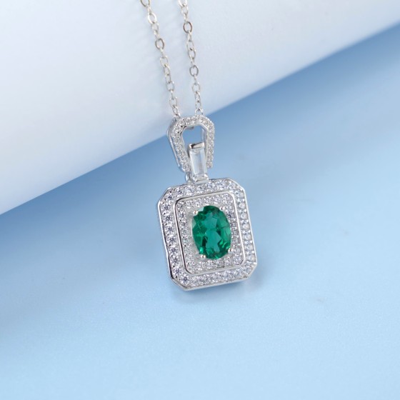 925 Sterling Silver Lab-Grown Emerald Necklace(P5003)