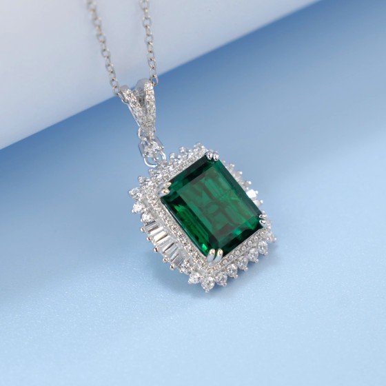 925 Sterling Silver Lab-Grown Emerald Necklace(ZHFP0445L)