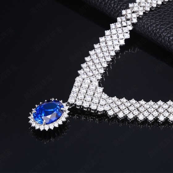 925 Sterling Silver Lab-Grown Sapphire Necklace(ZHF-P0012B)