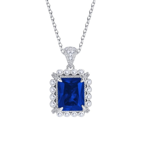 925 Sterling Silver Lab-Grown Sapphire Necklace(ZHF-P1629B)