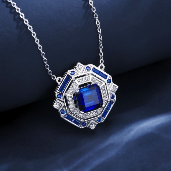 925 Sterling Silver Lab-Grown Sapphire Necklace(ZHF-P1636B)