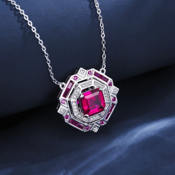 925 Sterling Silver Lab-Grown Ruby Necklace(ZHF-P1636R)