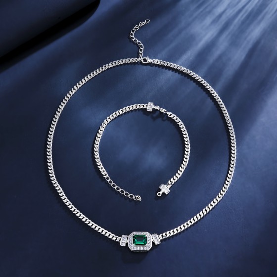 925 Silver Lab-Grown Emerald Necklace & Bracelet Set (ZHF-PL1548-1)