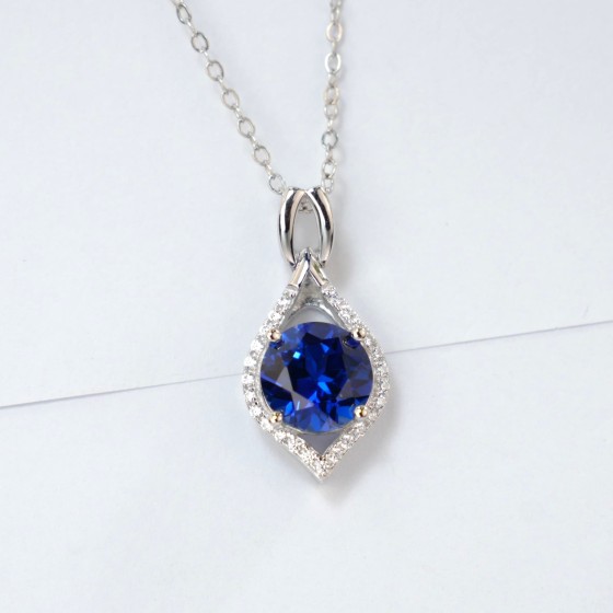 925 Sterling Silver Lab-Grown Sapphire Necklace(ZHF-P1614B)