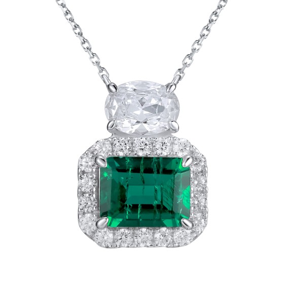 925 Sterling Silver Lab-Grown Emerald Necklace(P00451)