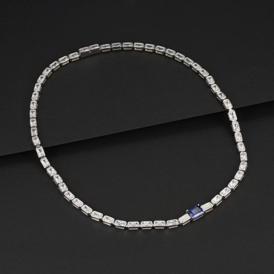 925 Sterling Silver Lab-Grown Sapphire Necklace(RG-0013DB-1)